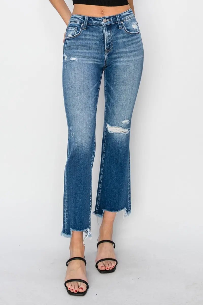 RISEN Full Size Frayed Step Hem Ankle Straight Jeans Style - Love Salve
